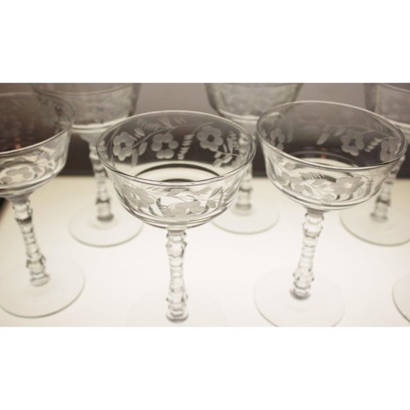 7 Rock Sharpe Halifax Tall Sherbet Champagne Glass Crystal Floral Etch Circa 40s - Picture 5 of 8
